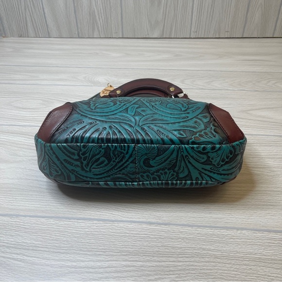 Artesanal Hand Tooled & Painted Vegan Leather Handbag Clutch Brown Turquoise - Picture 6 of 15